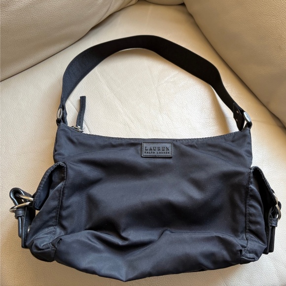 Lauren Ralph Lauren Black Nylon Shoulder Bag with Logo Strap - Picture 1 of 10
